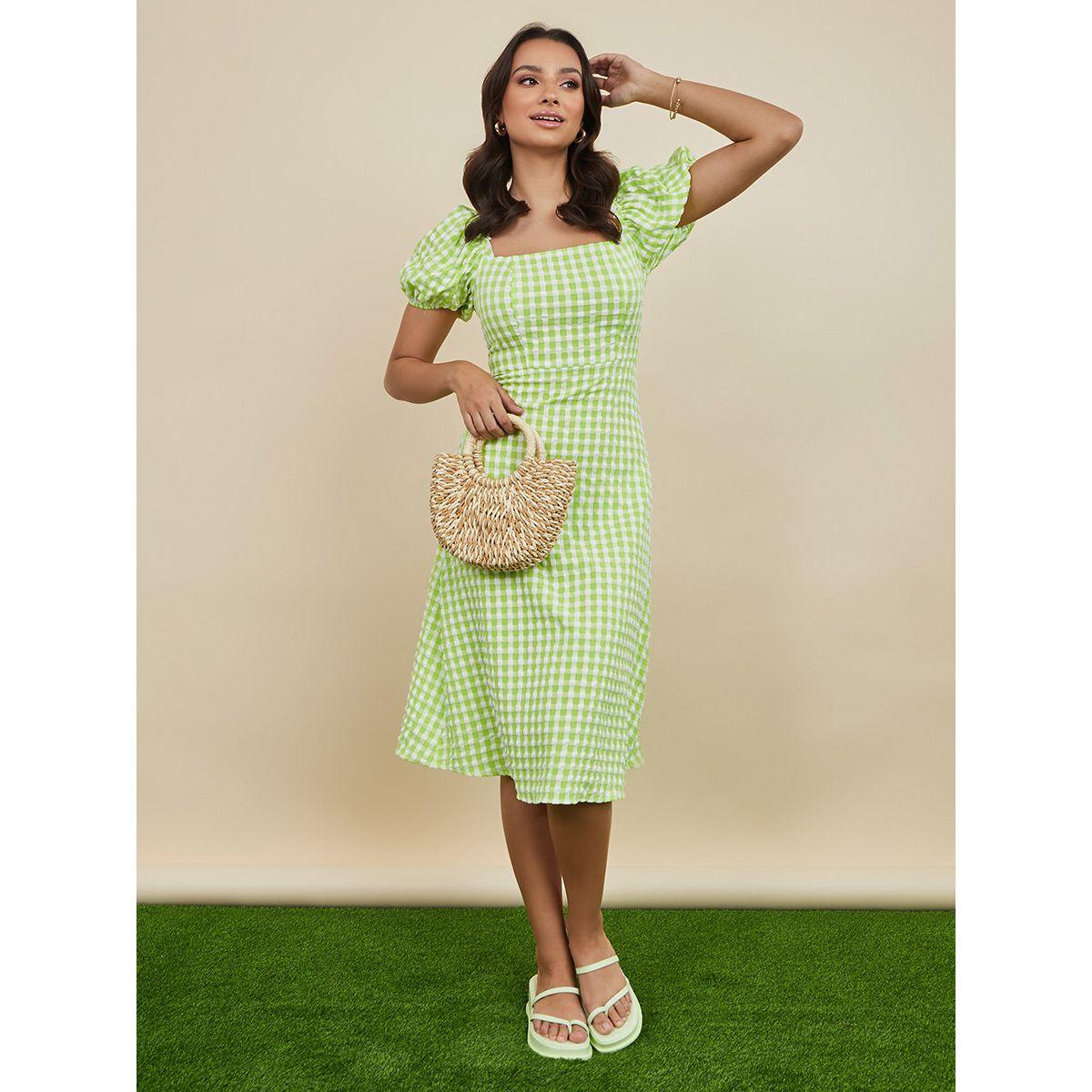 Styli Short Puff Sleeves Square Neck Gingham Checked Midi Dress-women-clothing-dresses-image-1