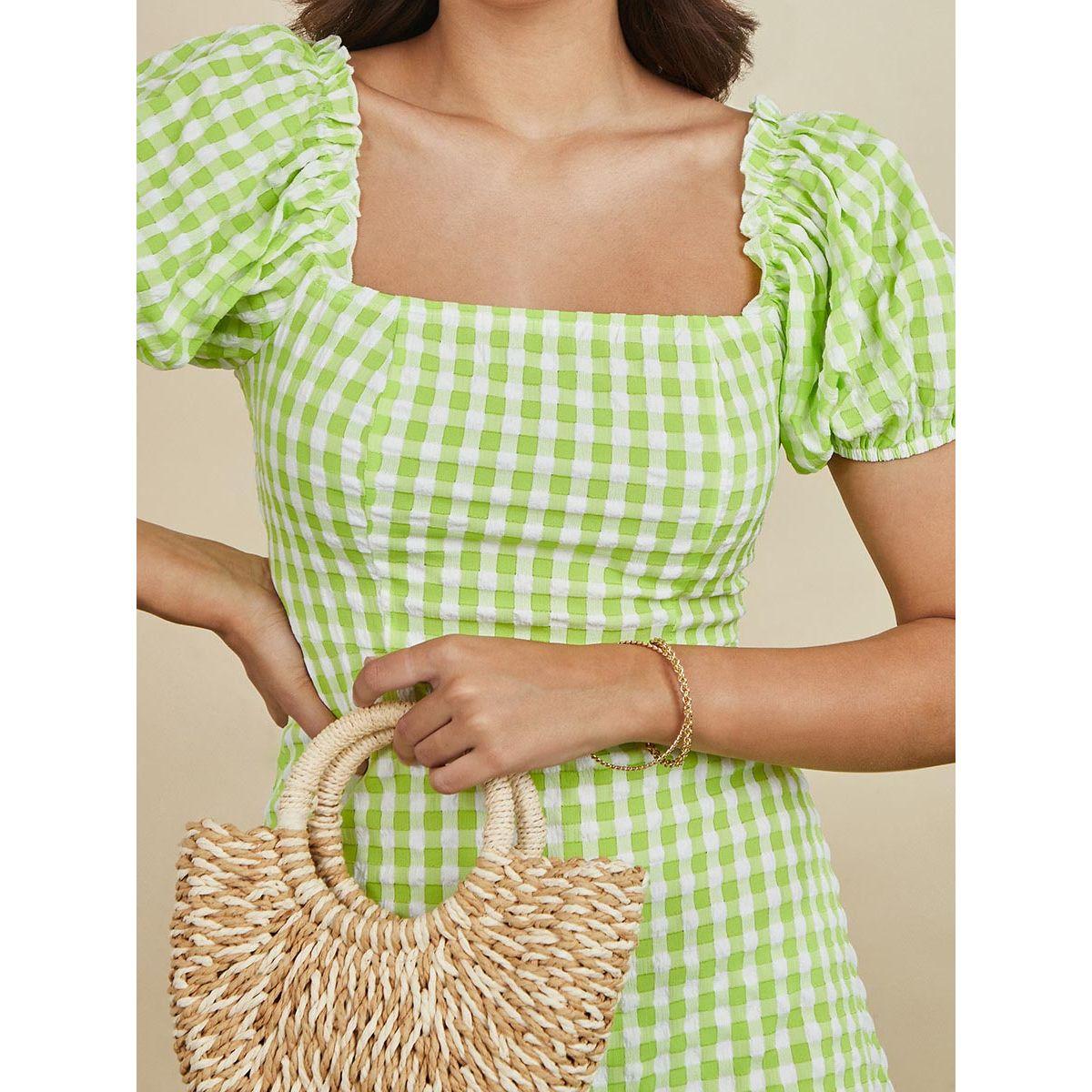 Styli Short Puff Sleeves Square Neck Gingham Checked Midi Dress-women-clothing-dresses-image-4