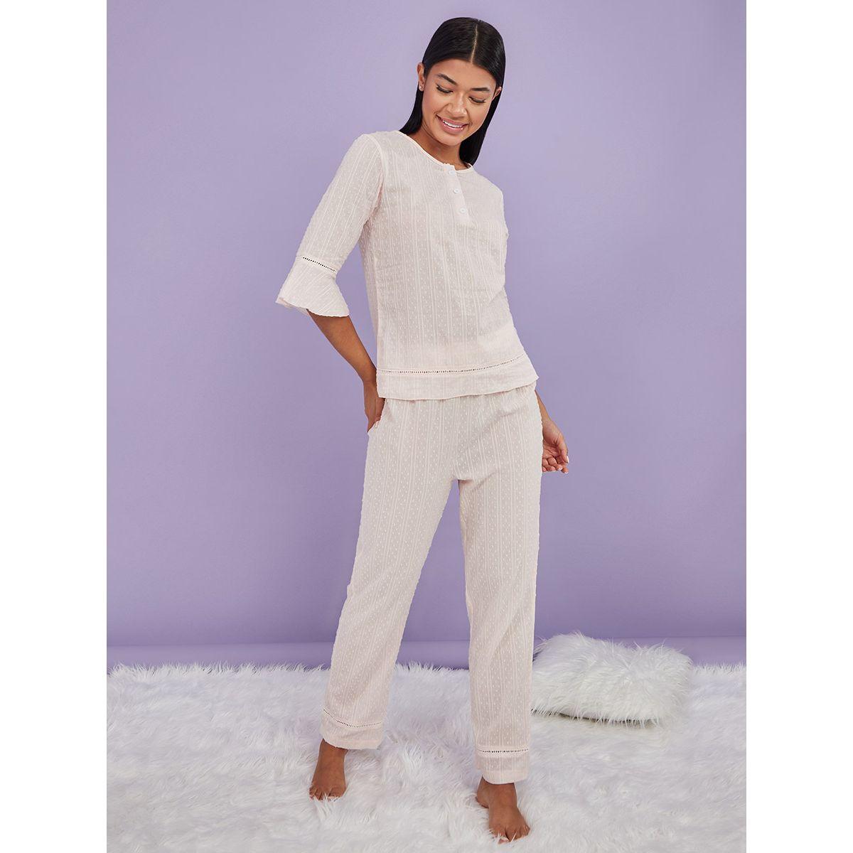 Styli Textured Woven Placket Detail Top and Trouser Set-women-clothing-nightwear-pyjamas-longsets-image-1