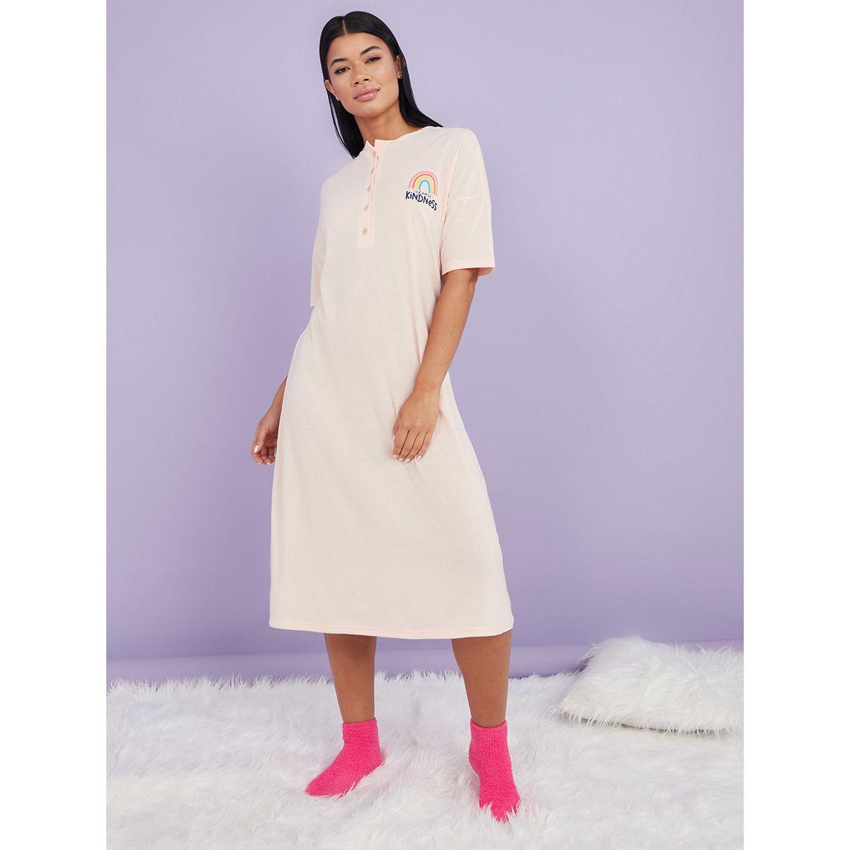 Styli Rainbow Graphic Placket Midi Sleep T-shirt Dress-women-clothing-nightwear-nighties-image-1