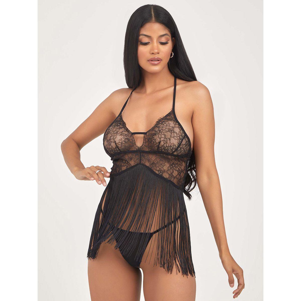Styli All Lace Front Top Fringe Detail Babydoll and Thong Set-women-clothing-lingerie-babydollsandbodysuits-image-1
