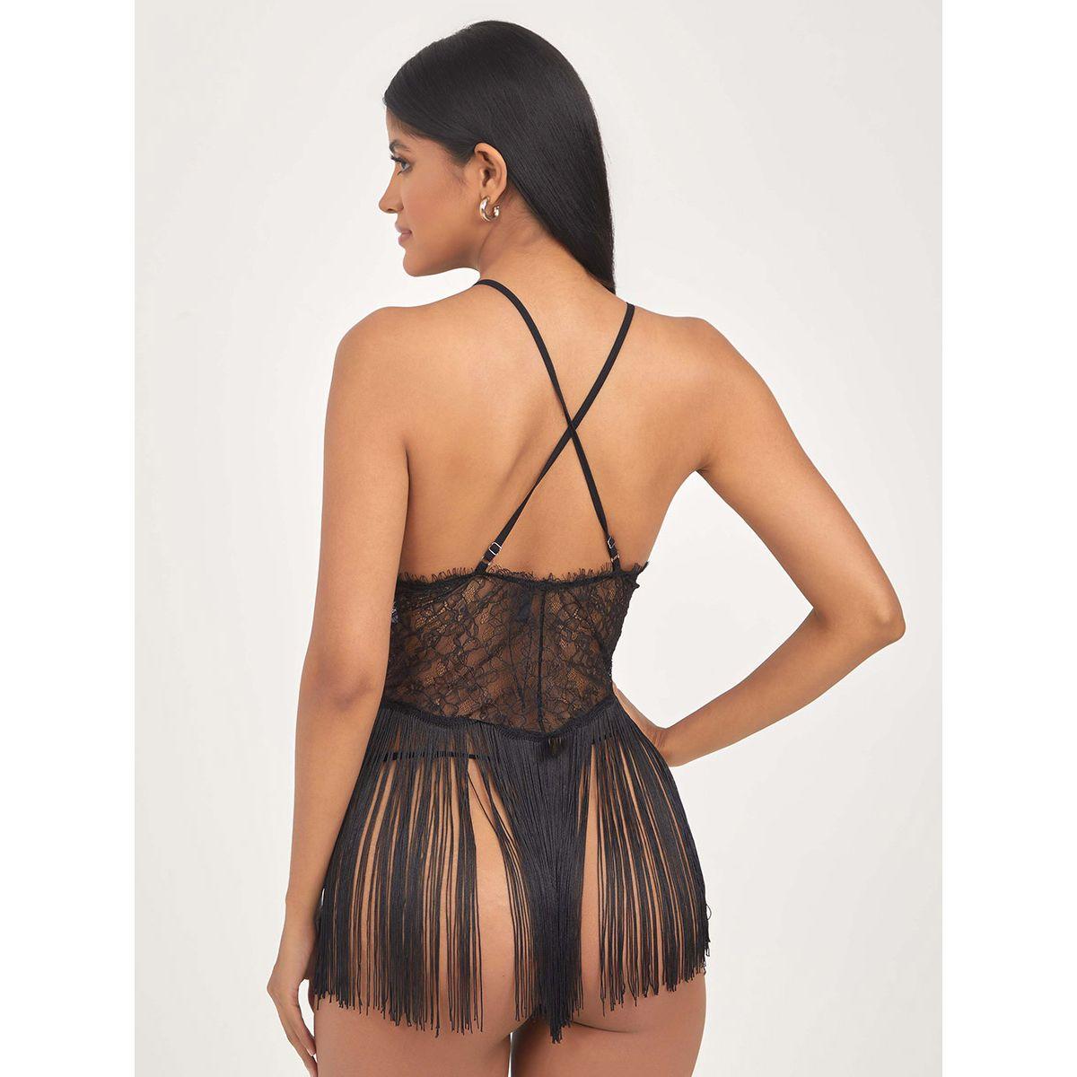 Styli All Lace Front Top Fringe Detail Babydoll and Thong Set-women-clothing-lingerie-babydollsandbodysuits-image-4