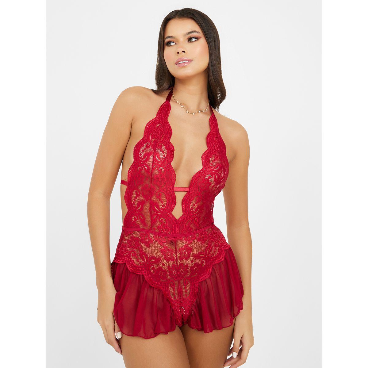 Styli All Lace Detail Deep Plunge Neck Low Back Bodysuit with Ruffle Hem -women-clothing-lingerie-corsets-image-1