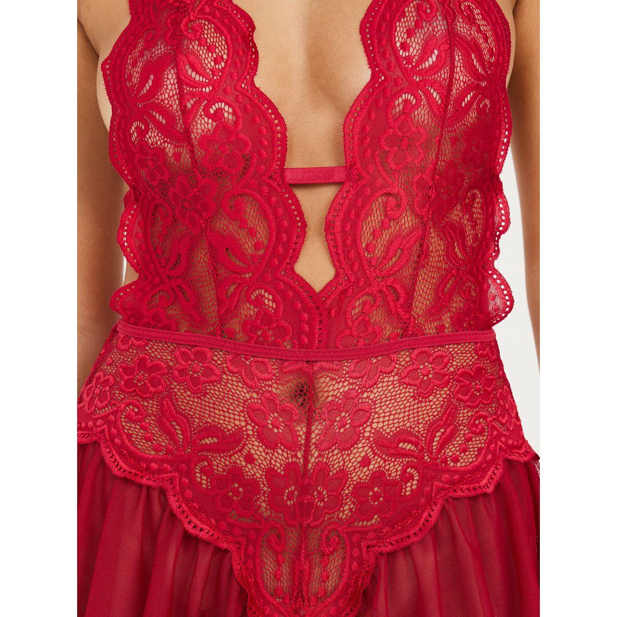 Styli All Lace Detail Deep Plunge Neck Low Back Bodysuit with Ruffle Hem -women-clothing-lingerie-corsets-image-2