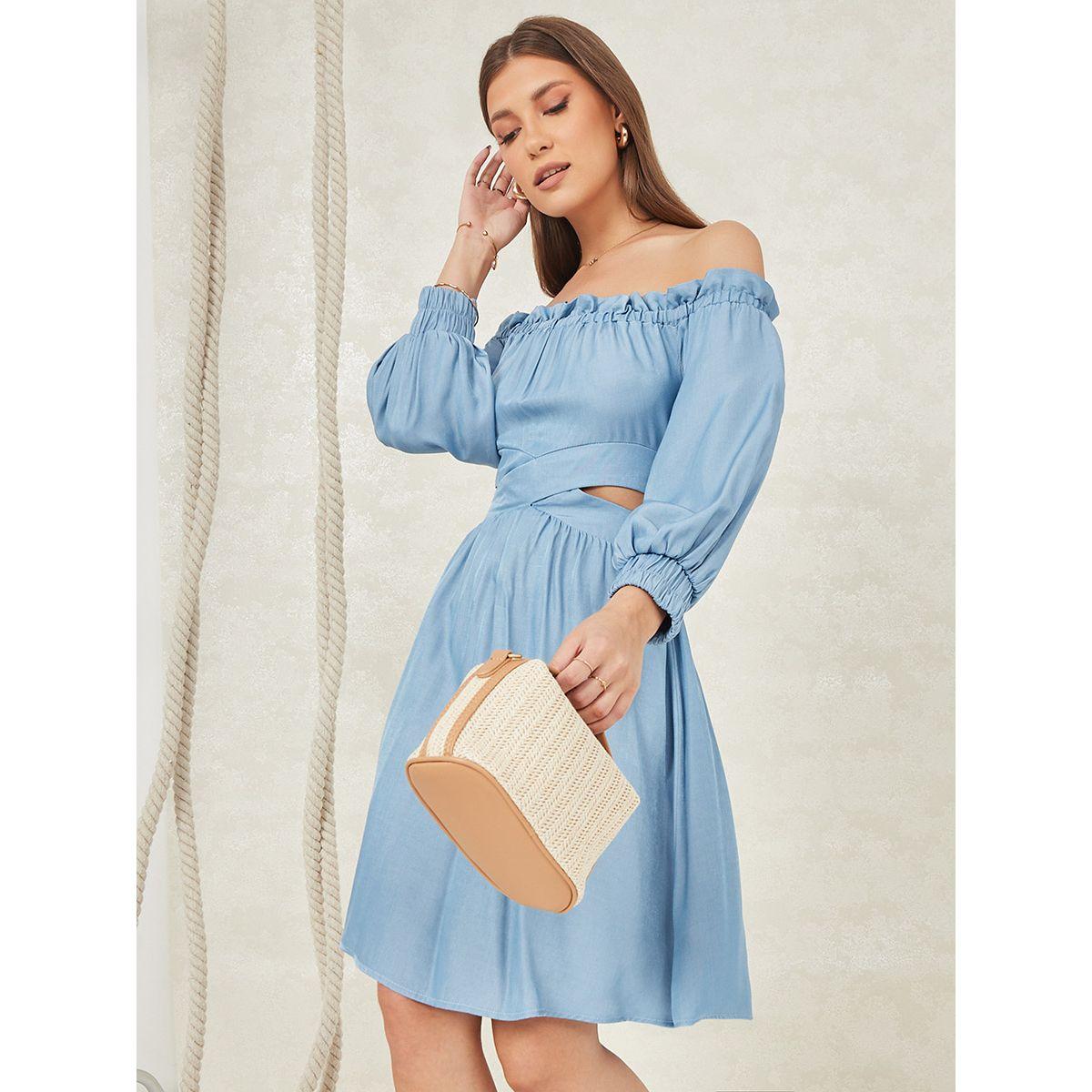 Styli Off Shoulder Cut-Out Waist Knee Length Dress-women-clothing-dresses-image-1