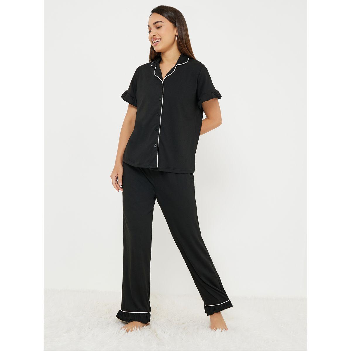 Styli Unwind Ruffle Sleeve Contrast Piping Shirt & Pyjama Set-women-clothing-nightwear-pyjamas-longsets-image-1