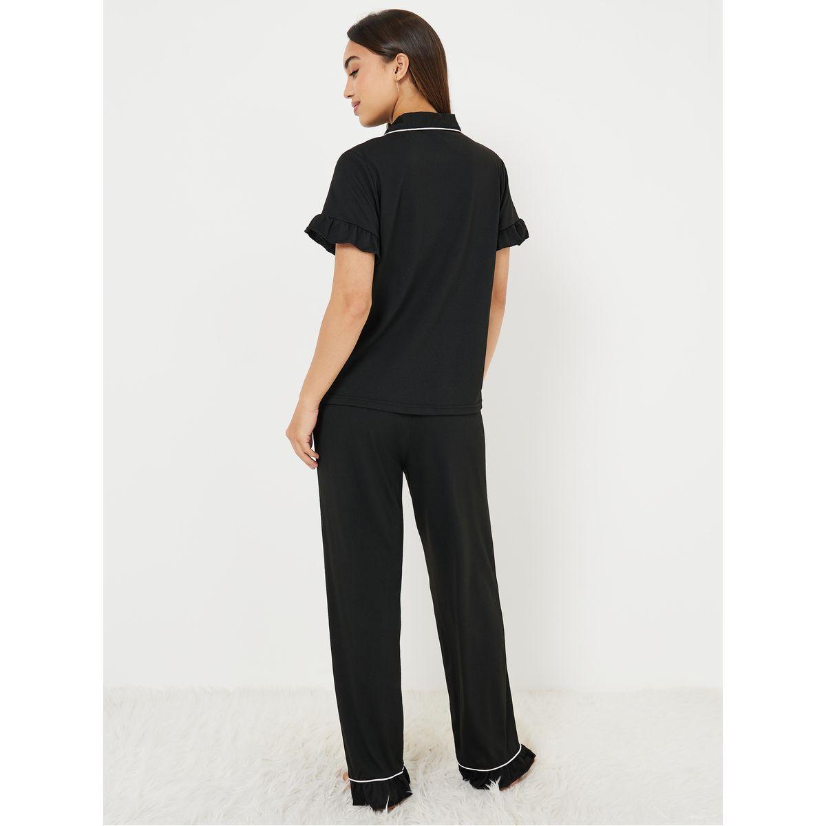 Styli Unwind Ruffle Sleeve Contrast Piping Shirt & Pyjama Set-women-clothing-nightwear-pyjamas-longsets-image-5
