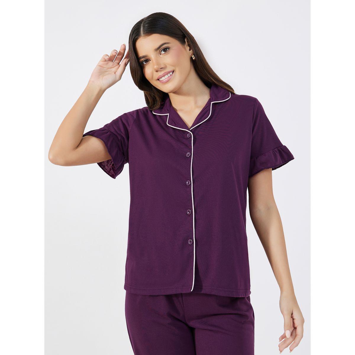 طقم من بنطال بيجاما مع بلوزة بتفاصيل محزوزة-women-clothing-nightwear-pyjamas-longsets-image-2