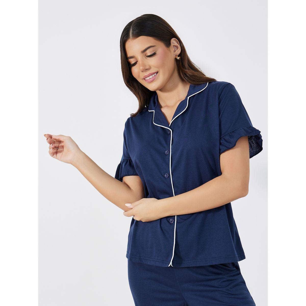 Styli Unwind Ruffle Sleeve Contrast Piping Shirt & Pyjama Set-women-clothing-nightwear-pyjamas-longsets-image-2