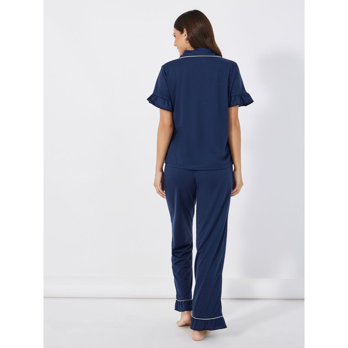 طقم من بنطال بيجاما مع بلوزة بتفاصيل محزوزة-women-clothing-nightwear-pyjamas-longsets-image-4
