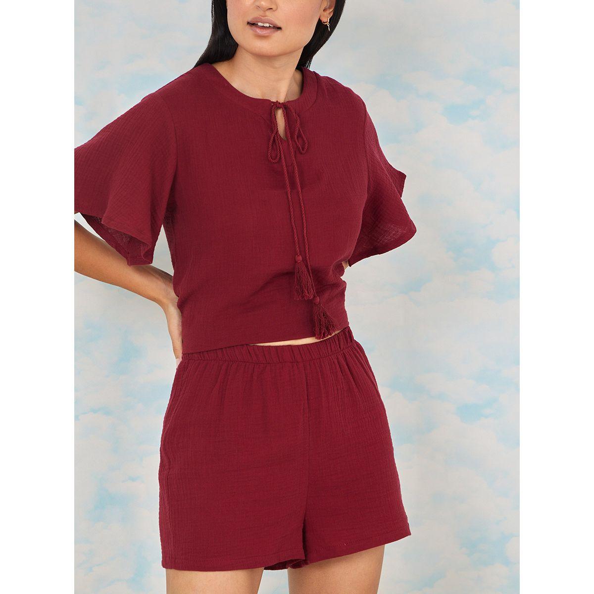 Styli Unwind Textured Crinkle Tassel Detail Boxy Top and Shorts Set-women-clothing-nightwear-pyjamas-shortsets-image-3