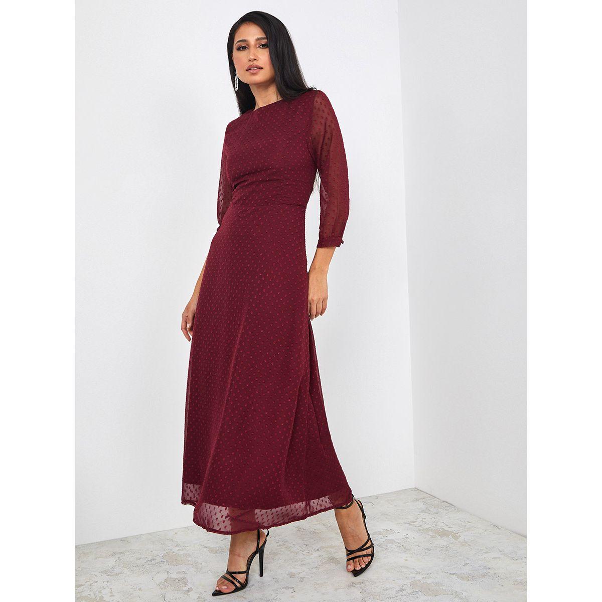 Styli 3/4 Sleeves Dobby Spot A-Line Maxi Dress-women-clothing-dresses-image-1