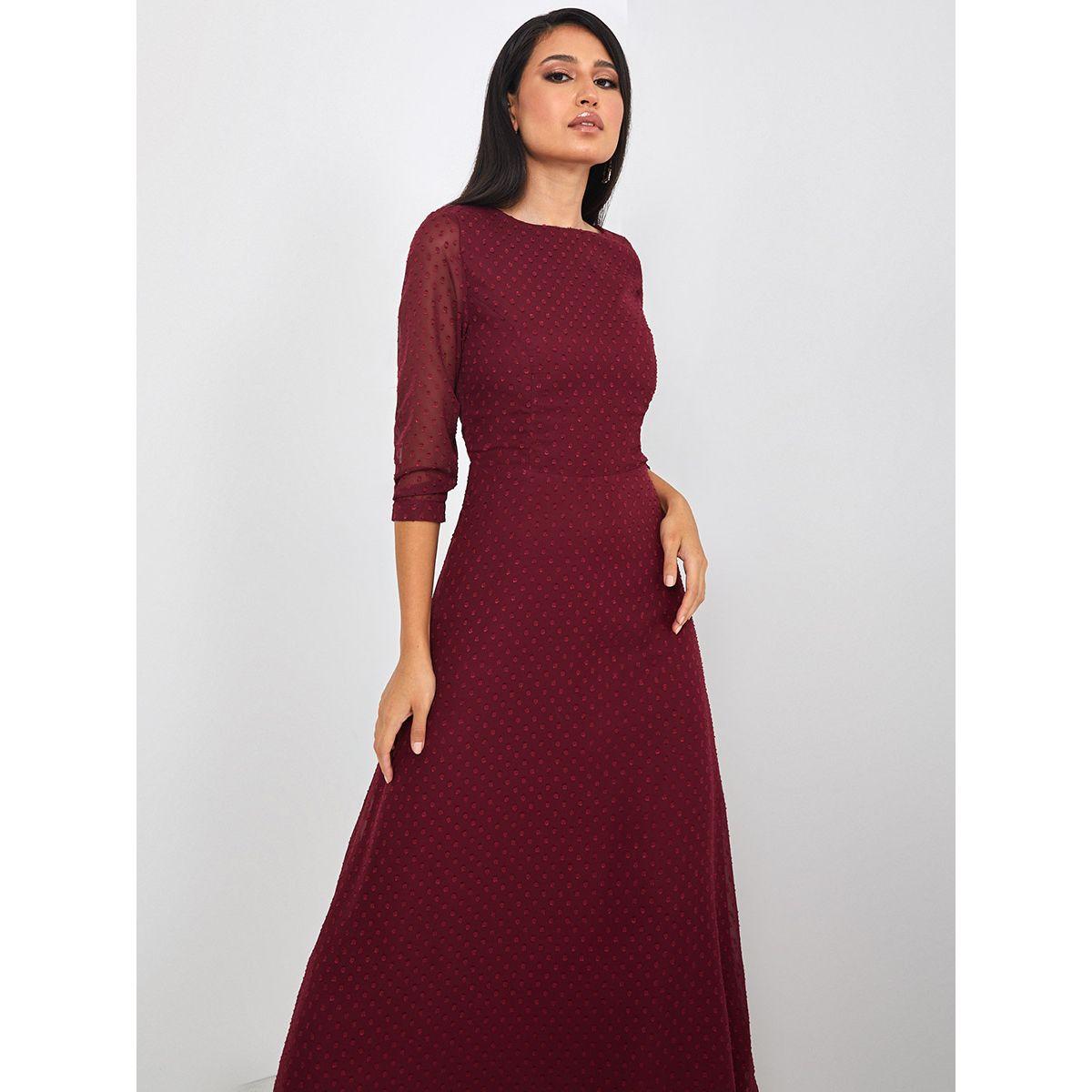 Styli 3/4 Sleeves Dobby Spot A-Line Maxi Dress-women-clothing-dresses-image-2