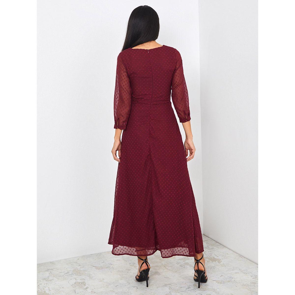 Styli 3/4 Sleeves Dobby Spot A-Line Maxi Dress-women-clothing-dresses-image-4