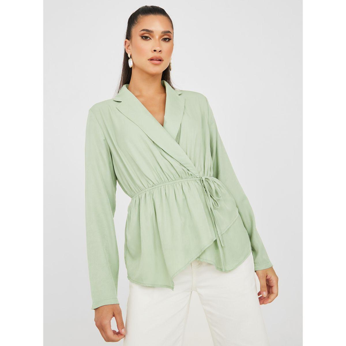 Styli Asymmetric Hem Notch Lapel Wrap Front Top-women-clothing-shirtsandblouses-blouses-image-1