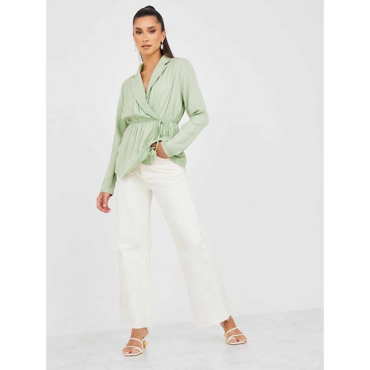 Styli Asymmetric Hem Notch Lapel Wrap Front Top-women-clothing-shirtsandblouses-blouses-image-2