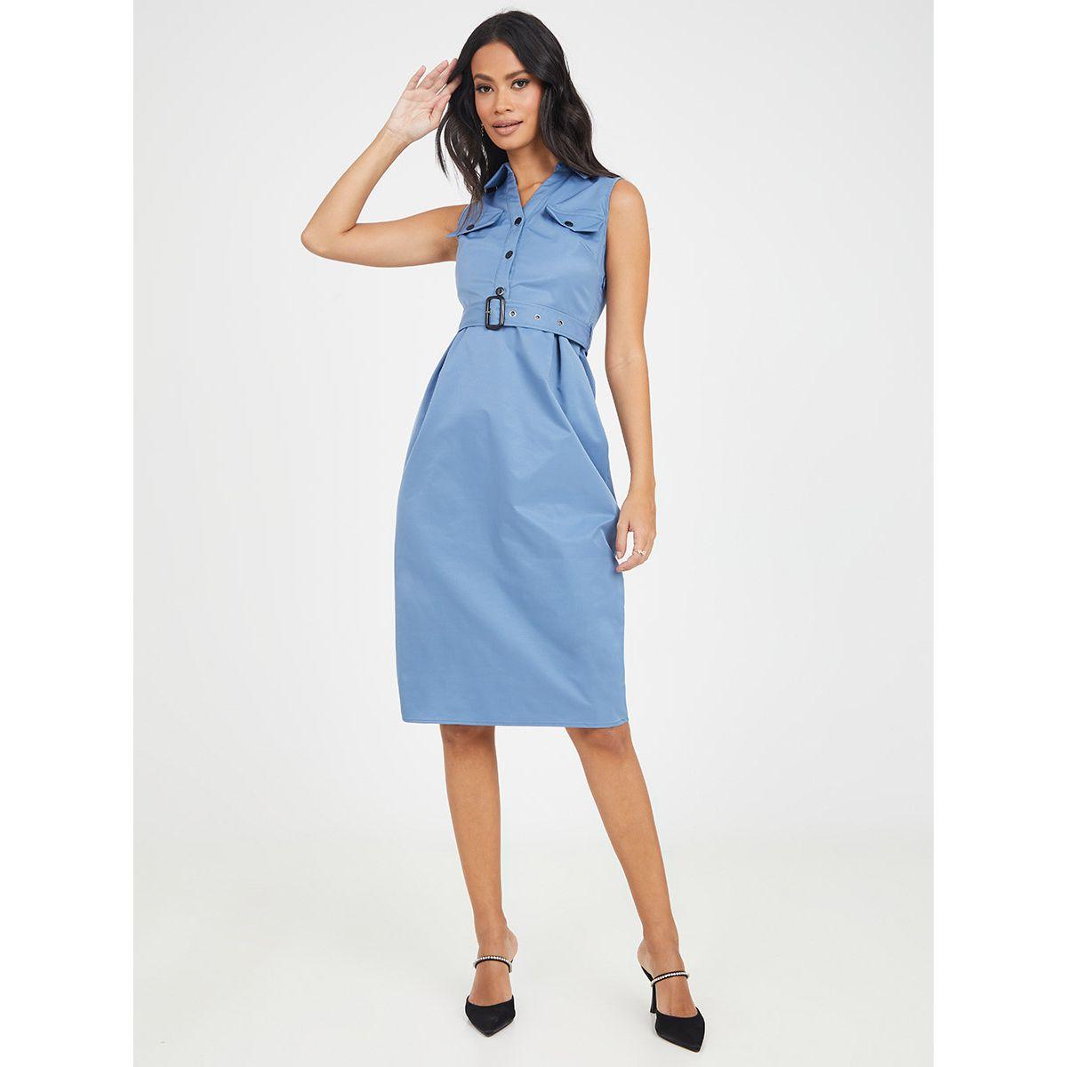 Styli Sleeveless Button Closure Knee Length Dress with Belt-women-clothing-dresses-image-2
