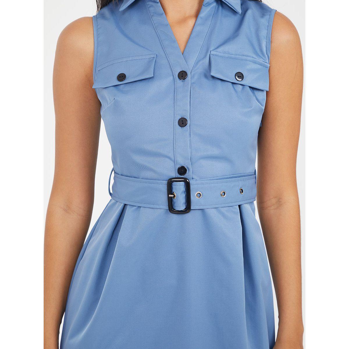 Styli Sleeveless Button Closure Knee Length Dress with Belt-women-clothing-dresses-image-3