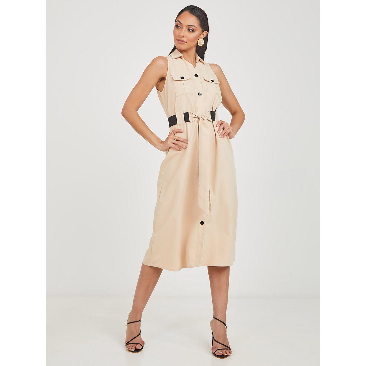 Styli Sleeveless Button Detail Shirt Midi Dress with Tie Belt-women-clothing-dresses-image-1