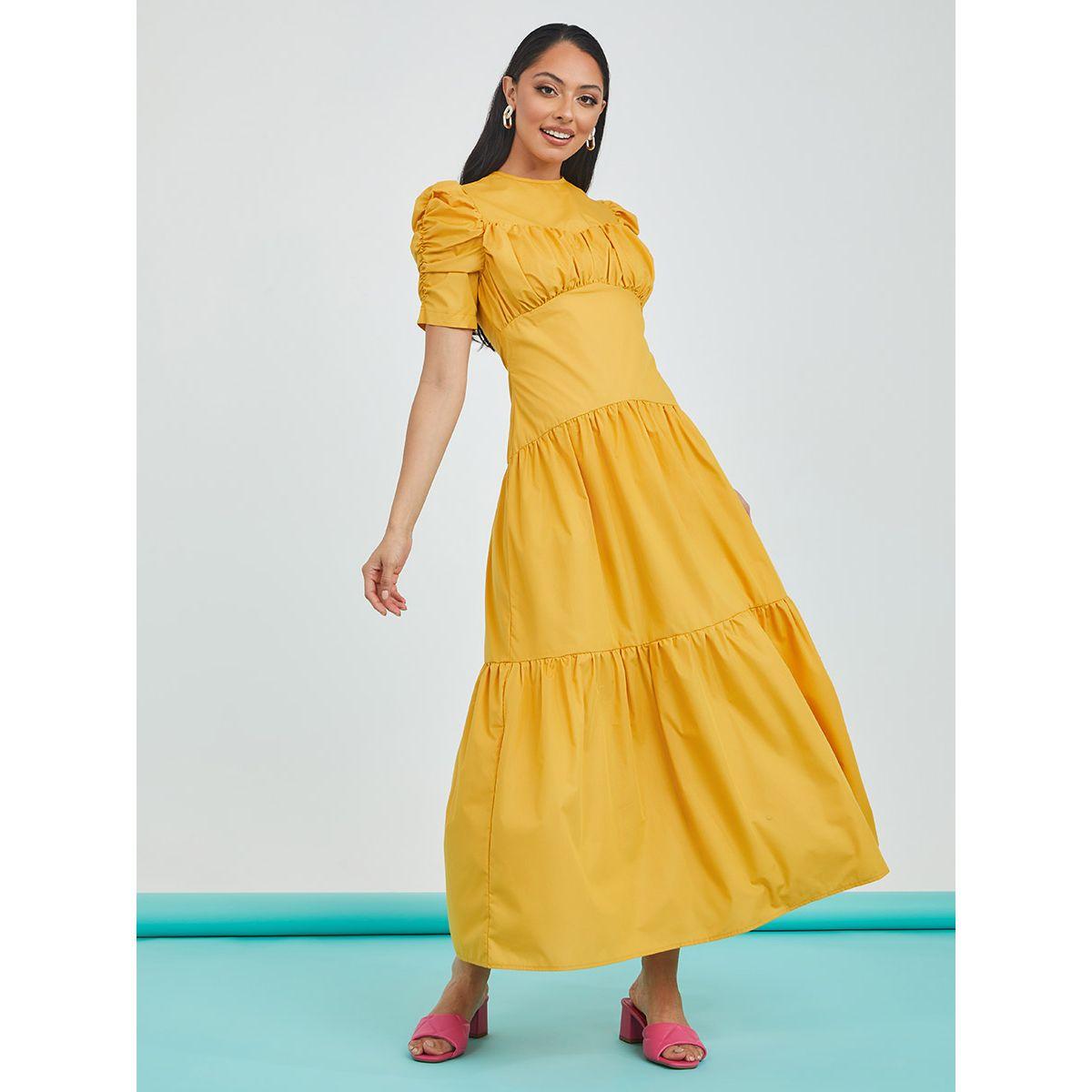Styli Ruched Sleeves Cut-Out Back Detail Tiered Maxi Dress-women-clothing-dresses-image-1