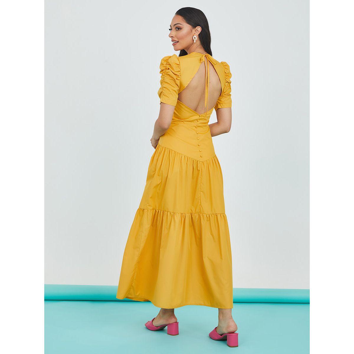 Styli Ruched Sleeves Cut-Out Back Detail Tiered Maxi Dress-women-clothing-dresses-image-4