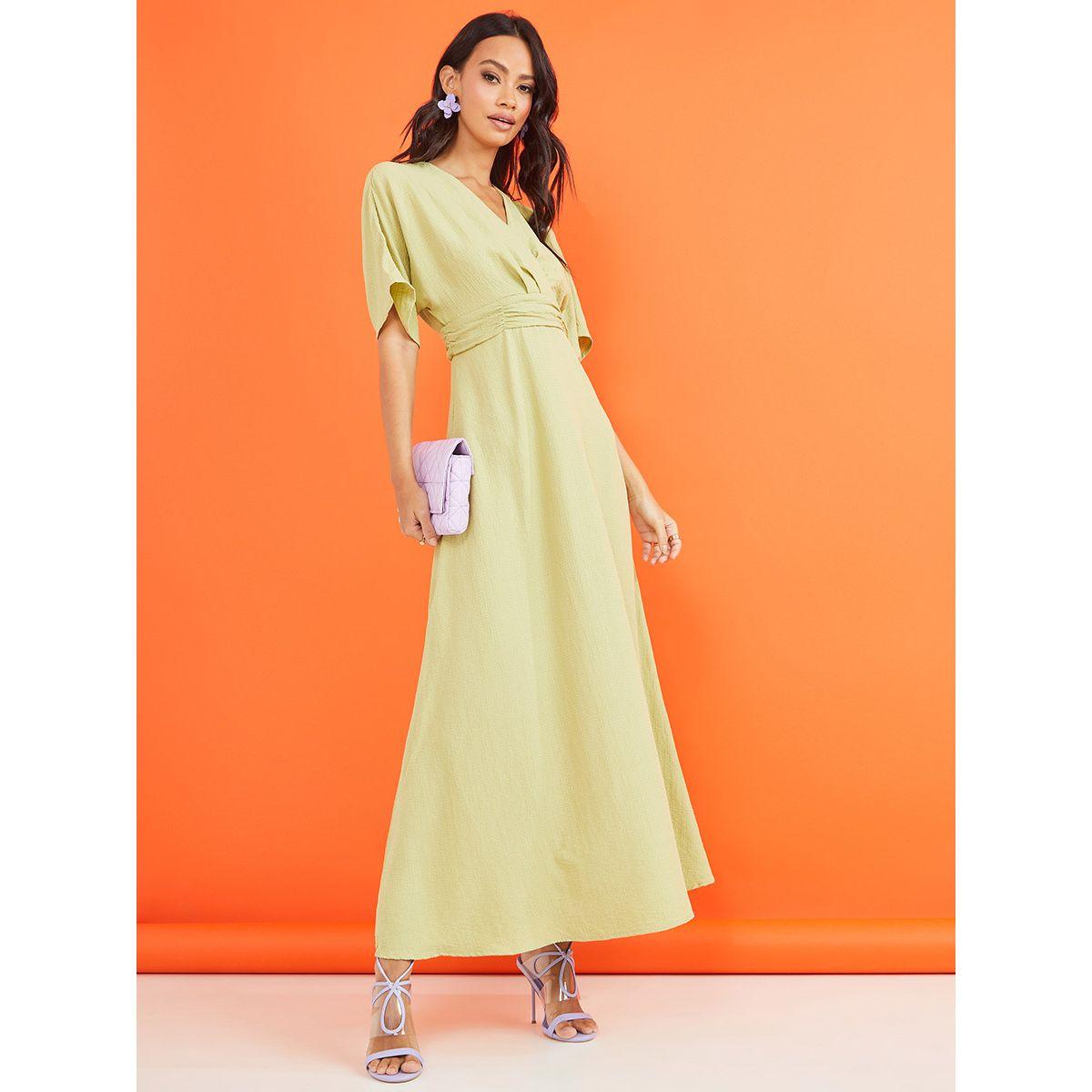 Styli Short Sleeves Wrap Front Textured A-Line Maxi Dress-women-clothing-dresses-image-1