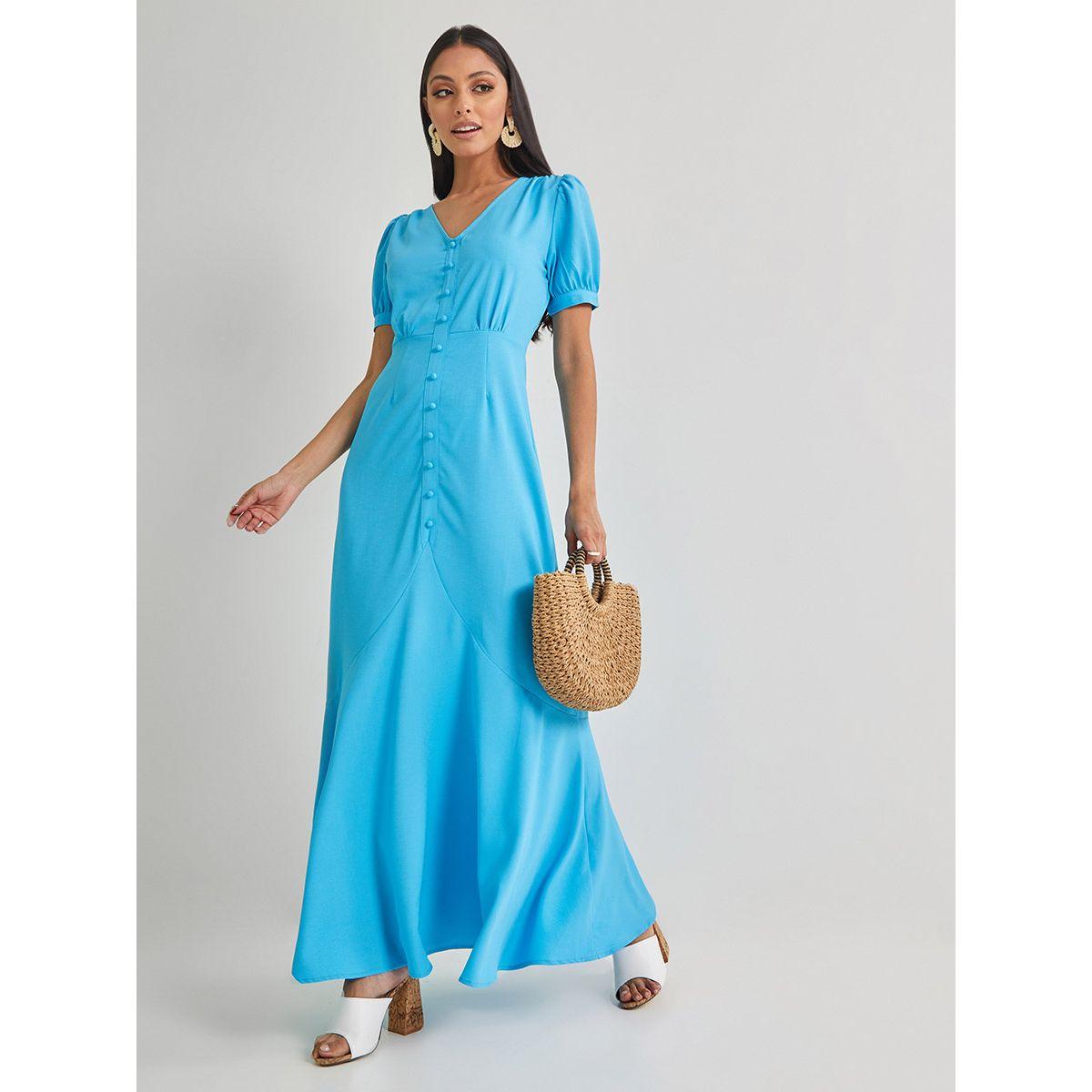 Styli Puff Sleeves Button Detail A-Line Maxi Dress-women-clothing-dresses-image-4