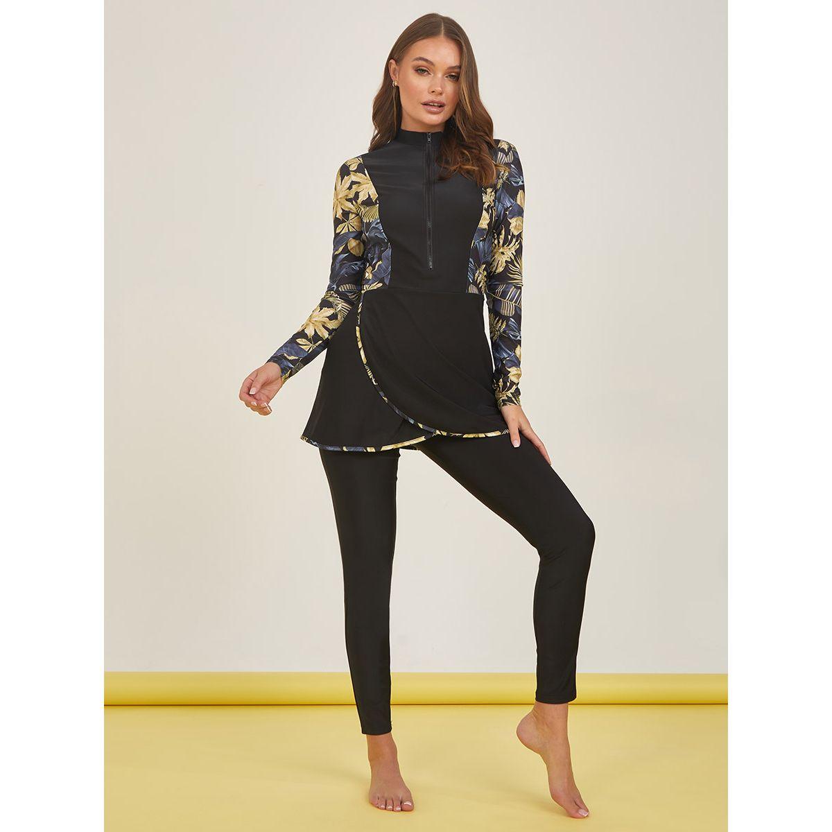 Styli Printed Contrast Peplum Zip Burkini-women-clothing-swimandbeach-swim-burkinis-image-1