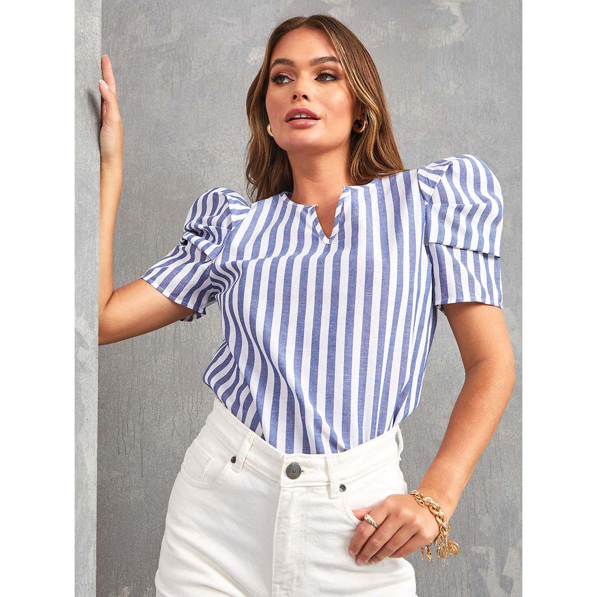 Styli Short Puff Sleeves Striped Notch Neck Top-women-clothing-shirtsandblouses-blouses-image-1