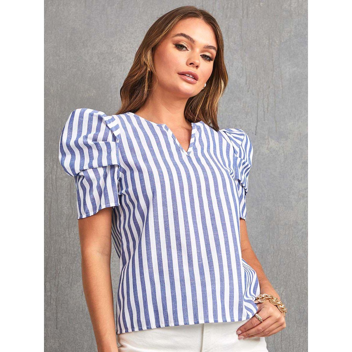 بلوزة مخططة باكمام قصيرة منفوشة من ستايلي-women-clothing-shirtsandblouses-blouses-image-3
