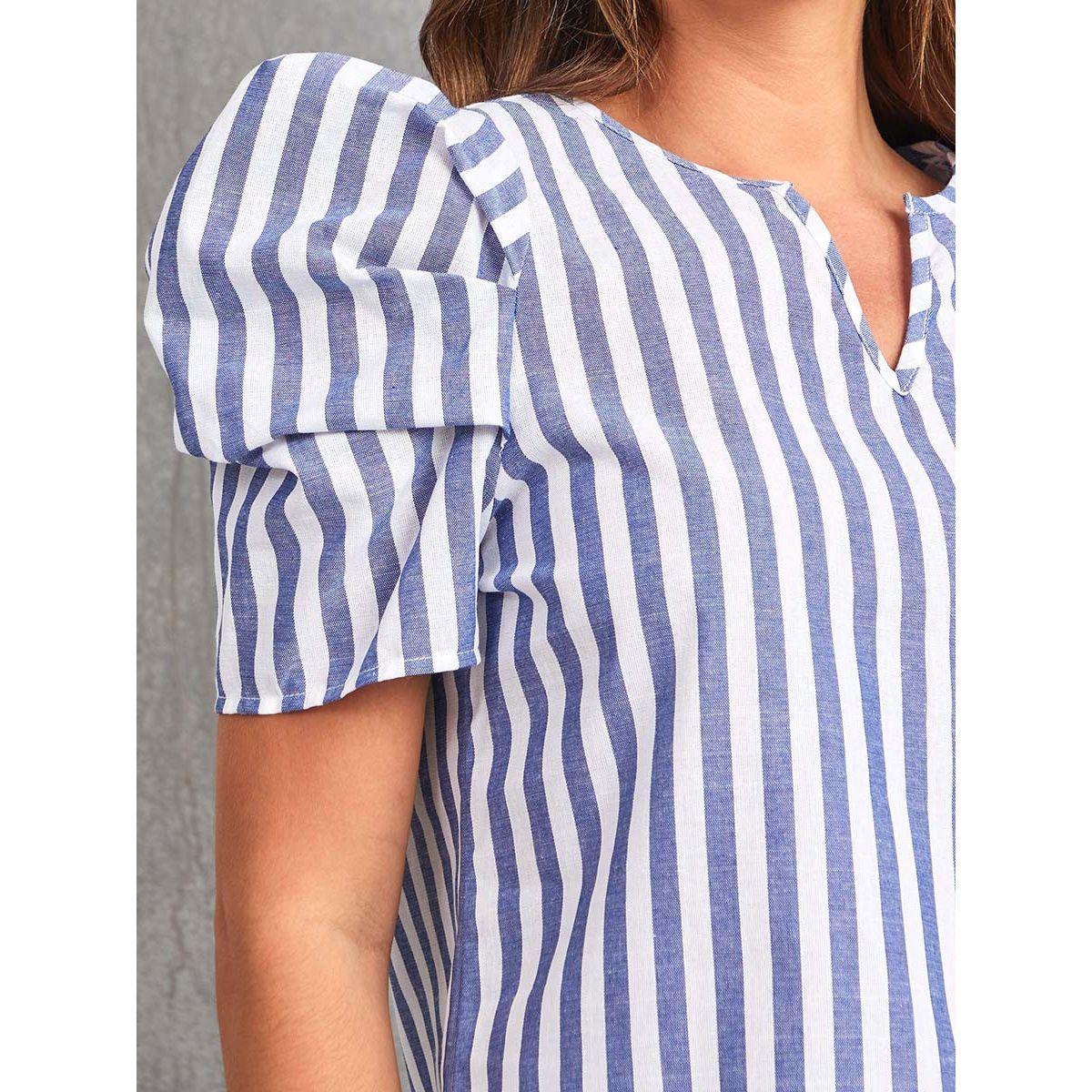 Styli Short Puff Sleeves Striped Notch Neck Top-women-clothing-shirtsandblouses-blouses-image-4