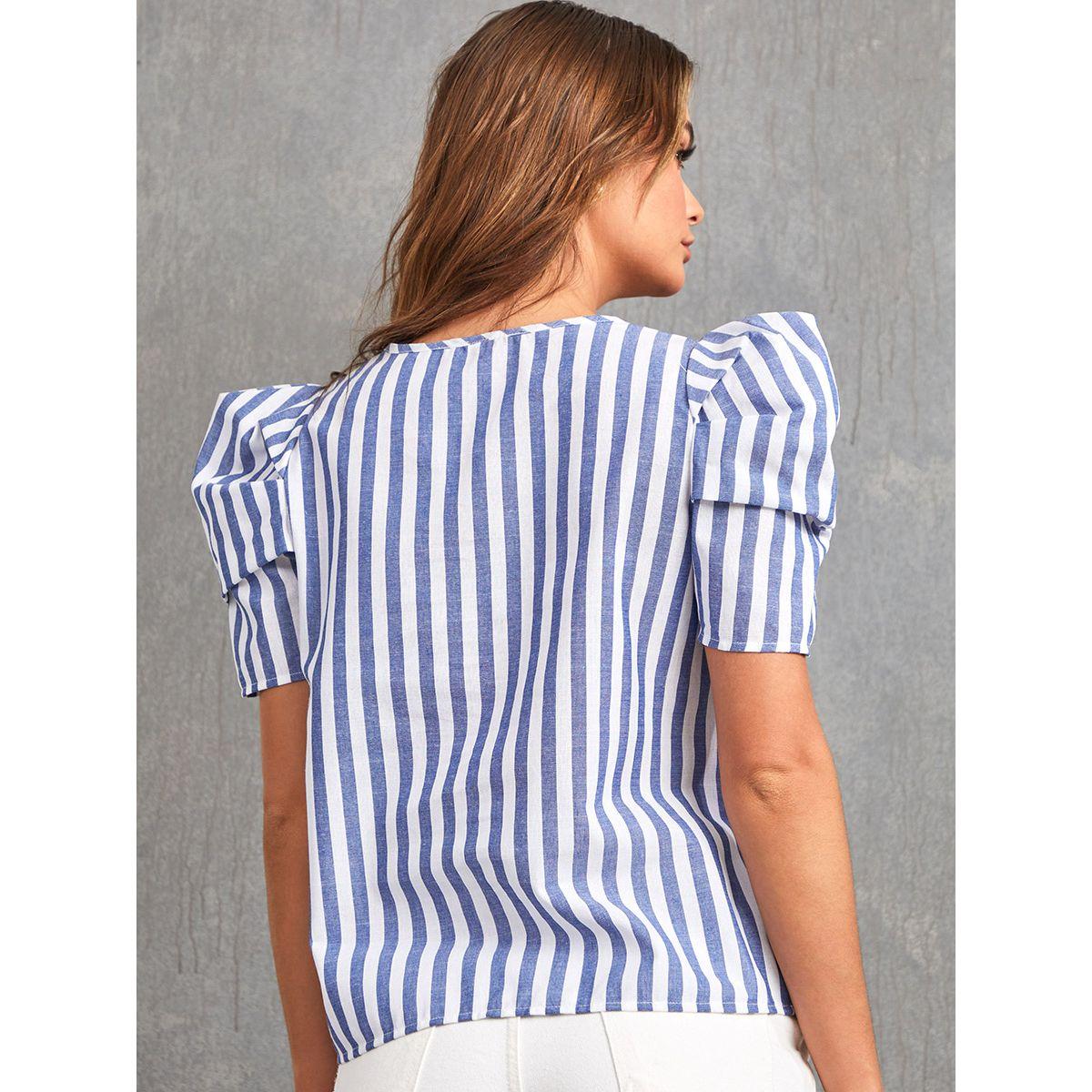 بلوزة مخططة باكمام قصيرة منفوشة من ستايلي-women-clothing-shirtsandblouses-blouses-image-5