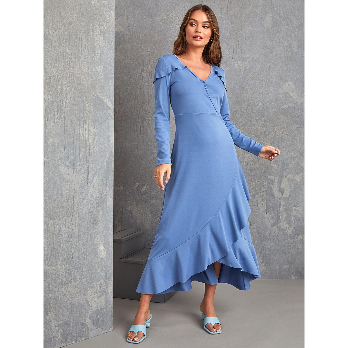 Styli Long Sleeves Frill Detail Maxi Dress with High Low Hem-women-clothing-dresses-image-1