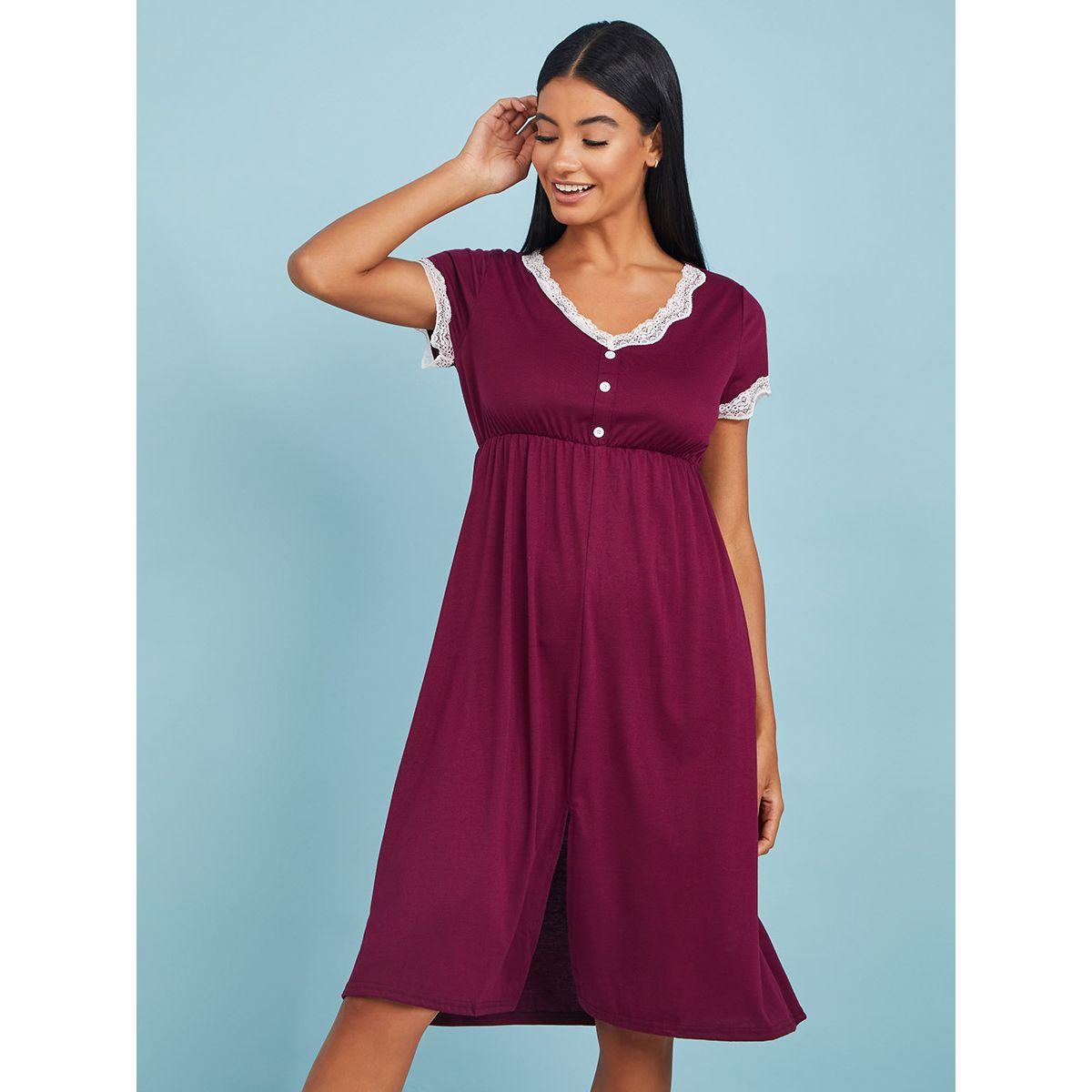 Styli Unwind Lace Trim & Placket Split Sleep Knee Length Dress-women-clothing-nightwear-nighties-image-1