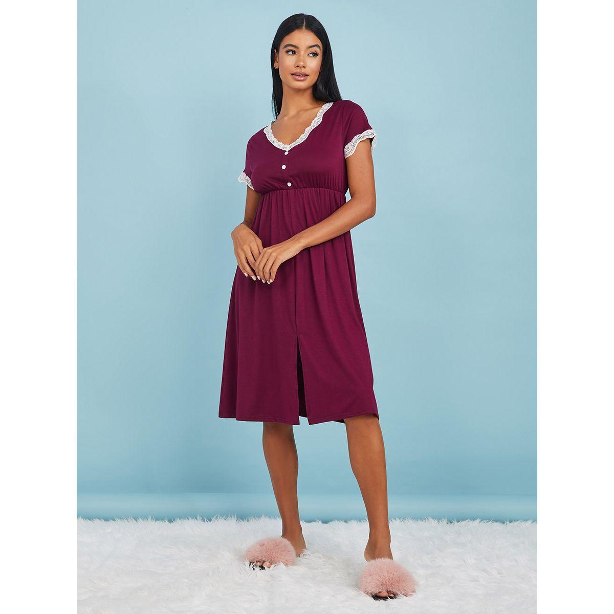 Styli Unwind Lace Trim & Placket Split Sleep Knee Length Dress-women-clothing-nightwear-nighties-image-2