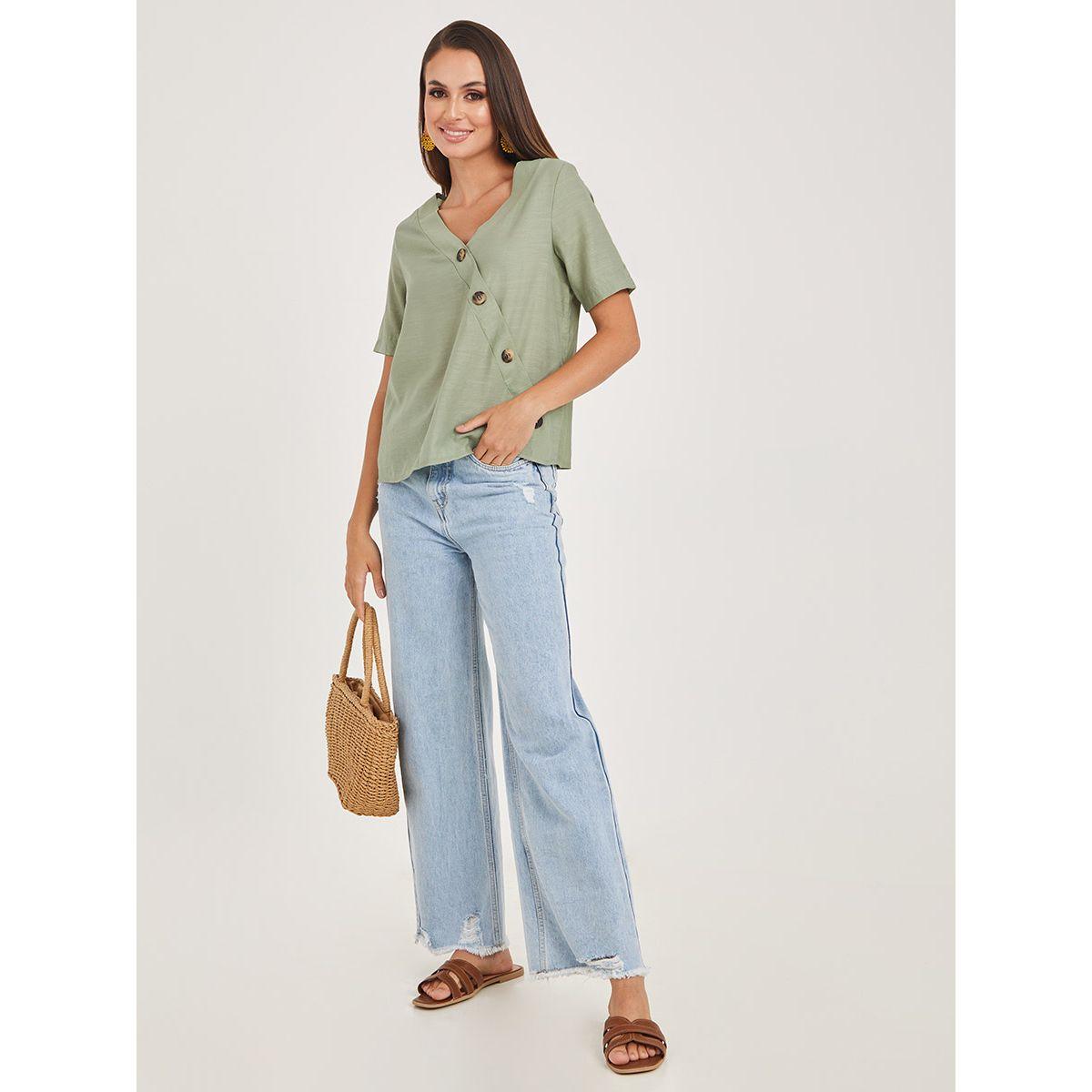 Styli Asymmetric Button Front Detail V Neck Blouse-women-clothing-shirtsandblouses-blouses-image-2