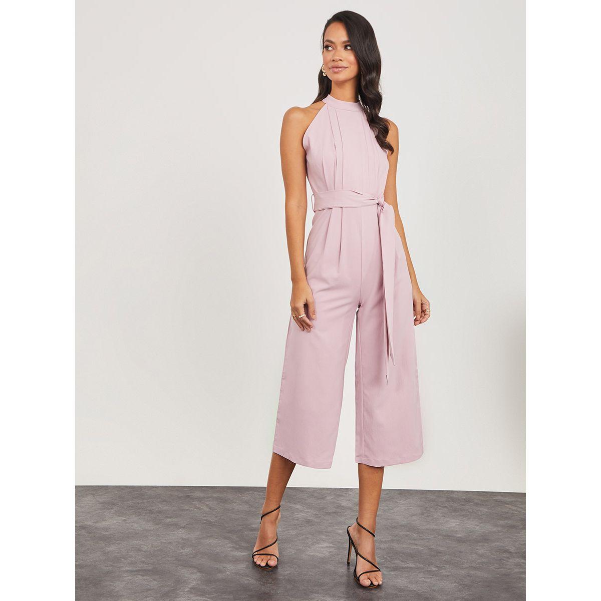 Styli Halter Neck Pleat Detail Wide Leg Jumpsuit with Tie Belt-women-clothing-jumpsuits-image-1