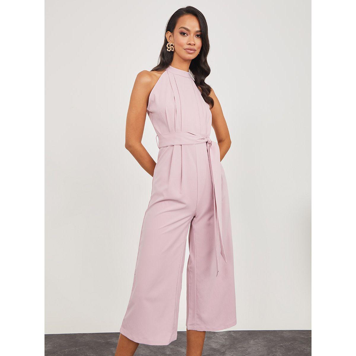 Styli Halter Neck Pleat Detail Wide Leg Jumpsuit with Tie Belt-women-clothing-jumpsuits-image-2