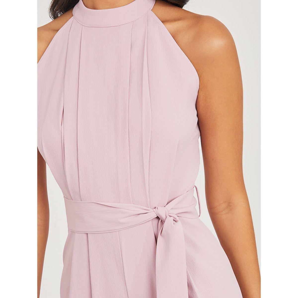 Styli Halter Neck Pleat Detail Wide Leg Jumpsuit with Tie Belt-women-clothing-jumpsuits-image-3