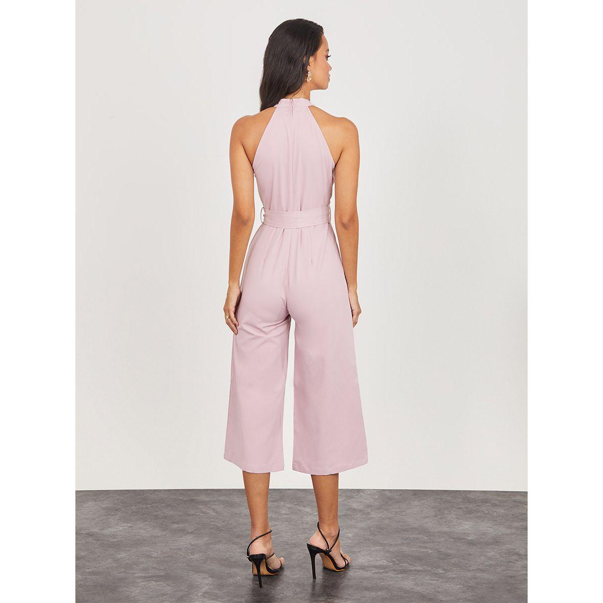 Styli Halter Neck Pleat Detail Wide Leg Jumpsuit with Tie Belt-women-clothing-jumpsuits-image-4