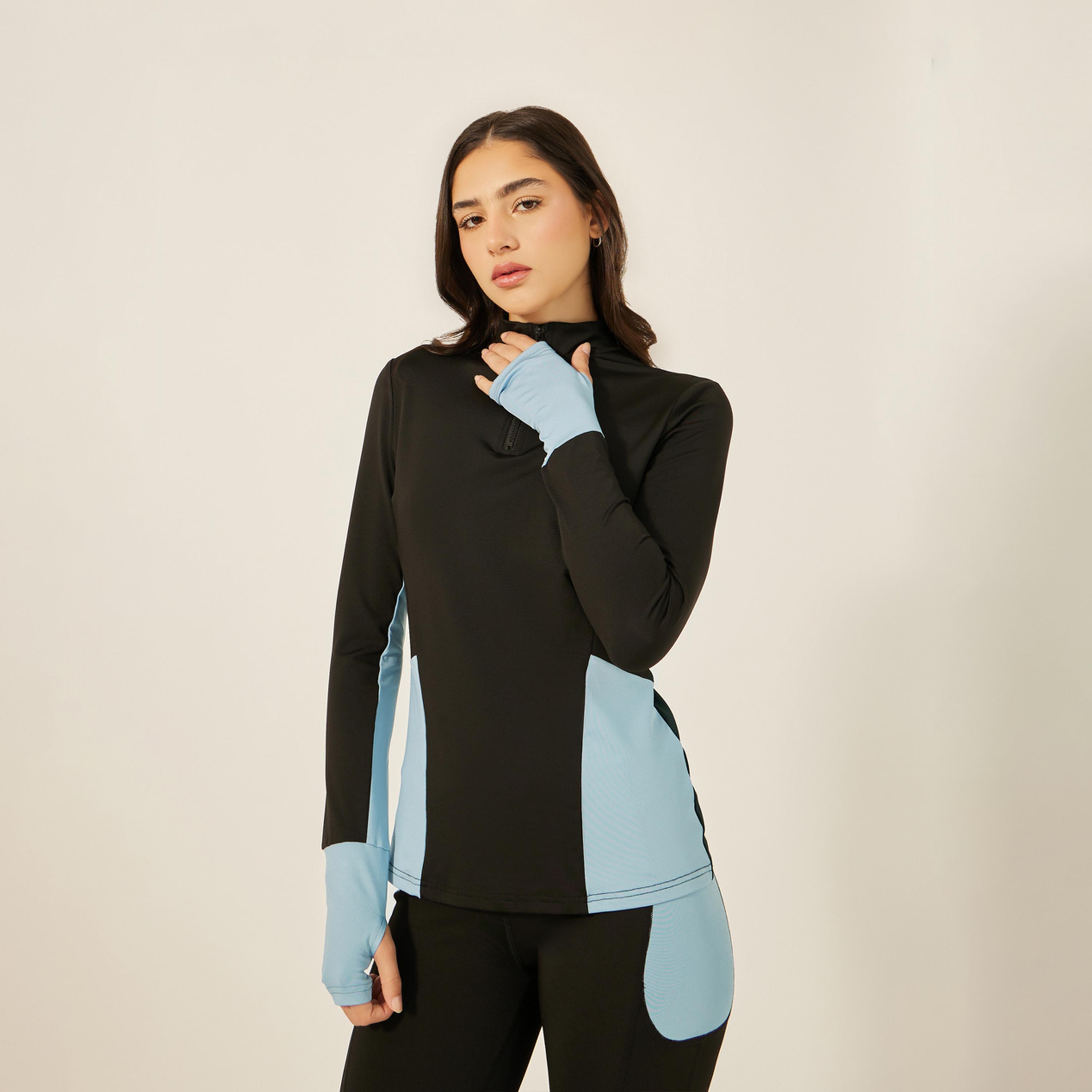 ستايلي - طقم ليقنز مع بلوزة بنصف سحاب وفتحة إبهام وألوان متباينة-women-clothing-sportswearandactivewear-trackpantsandtracksuits-image-5