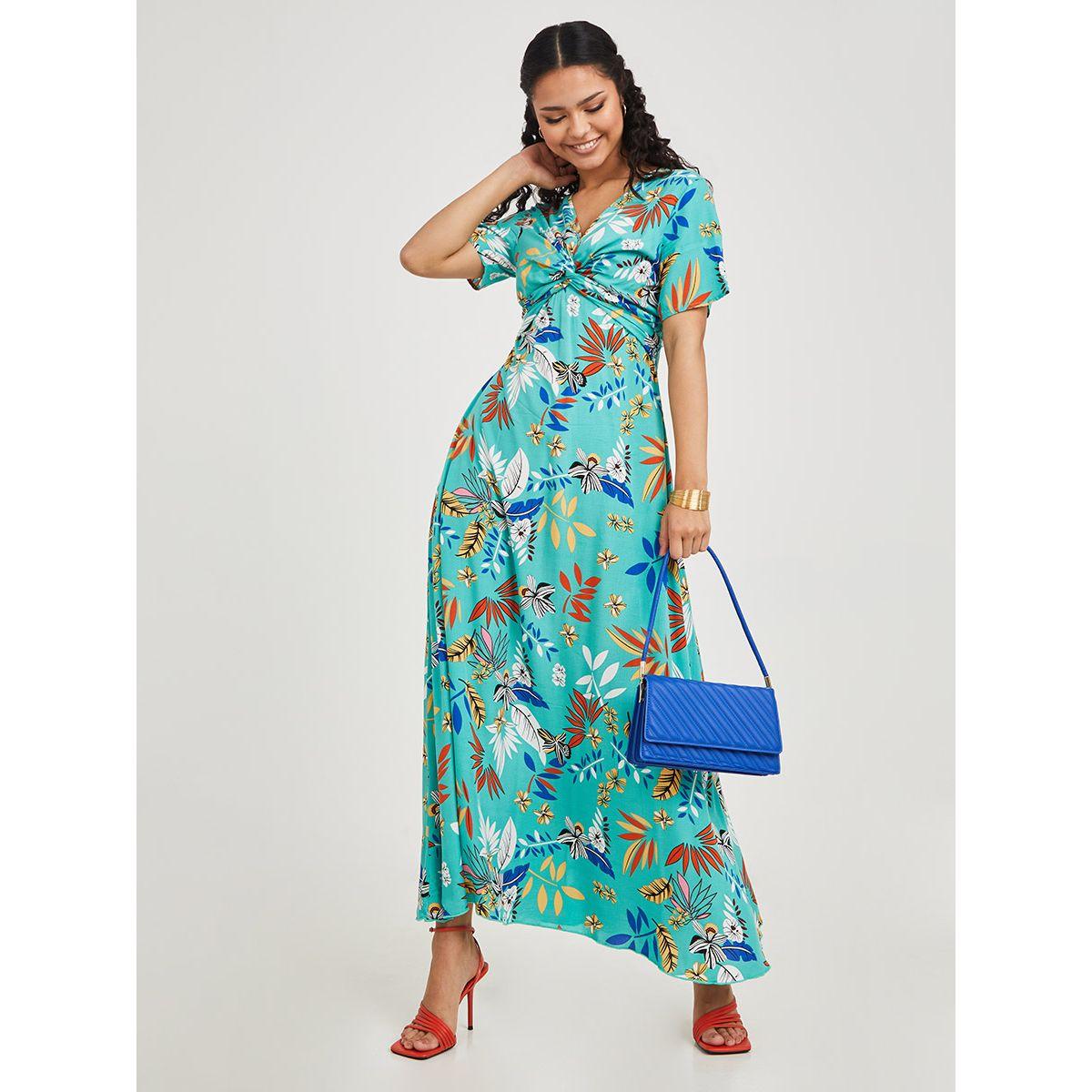 Styli Short Sleeves Knot Detail Floral A-Line Maxi Dress-women-clothing-dresses-image-1