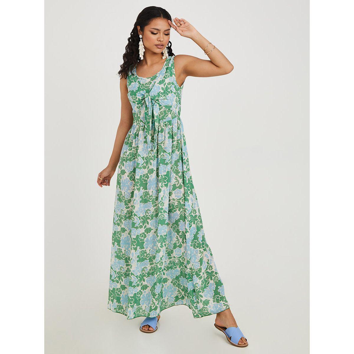 Styli Sleeveless Floral Print A-Line Maxi Dress with Tie Front-women-clothing-dresses-image-1