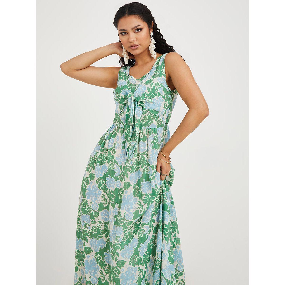 Styli Sleeveless Floral Print A-Line Maxi Dress with Tie Front-women-clothing-dresses-image-2