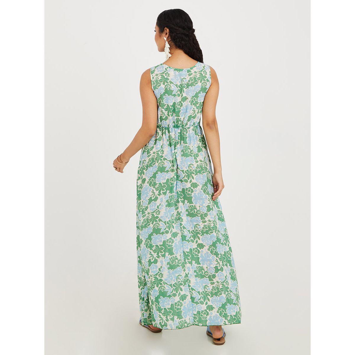 Styli Sleeveless Floral Print A-Line Maxi Dress with Tie Front-women-clothing-dresses-image-4