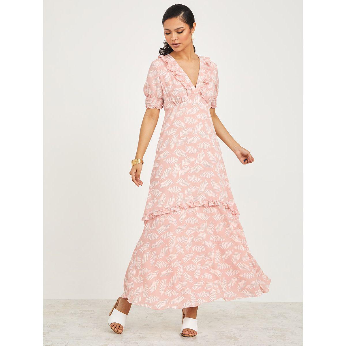 Styli Short Sleeves Leaf Print A-Line Maxi Dress-women-clothing-dresses-image-1