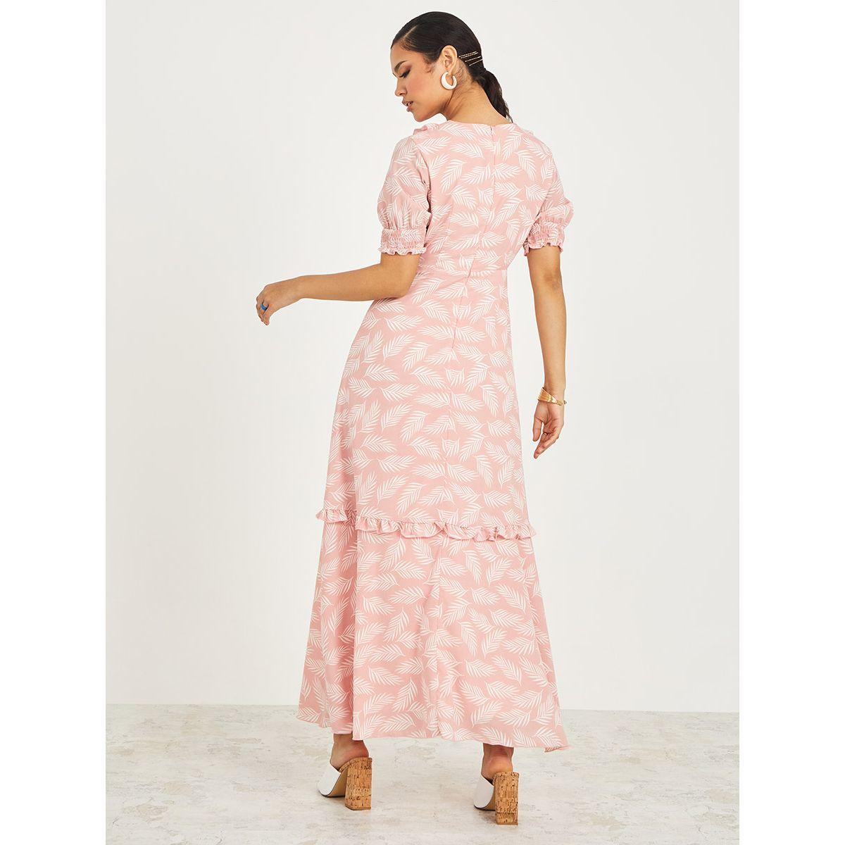 Styli Short Sleeves Leaf Print A-Line Maxi Dress-women-clothing-dresses-image-4