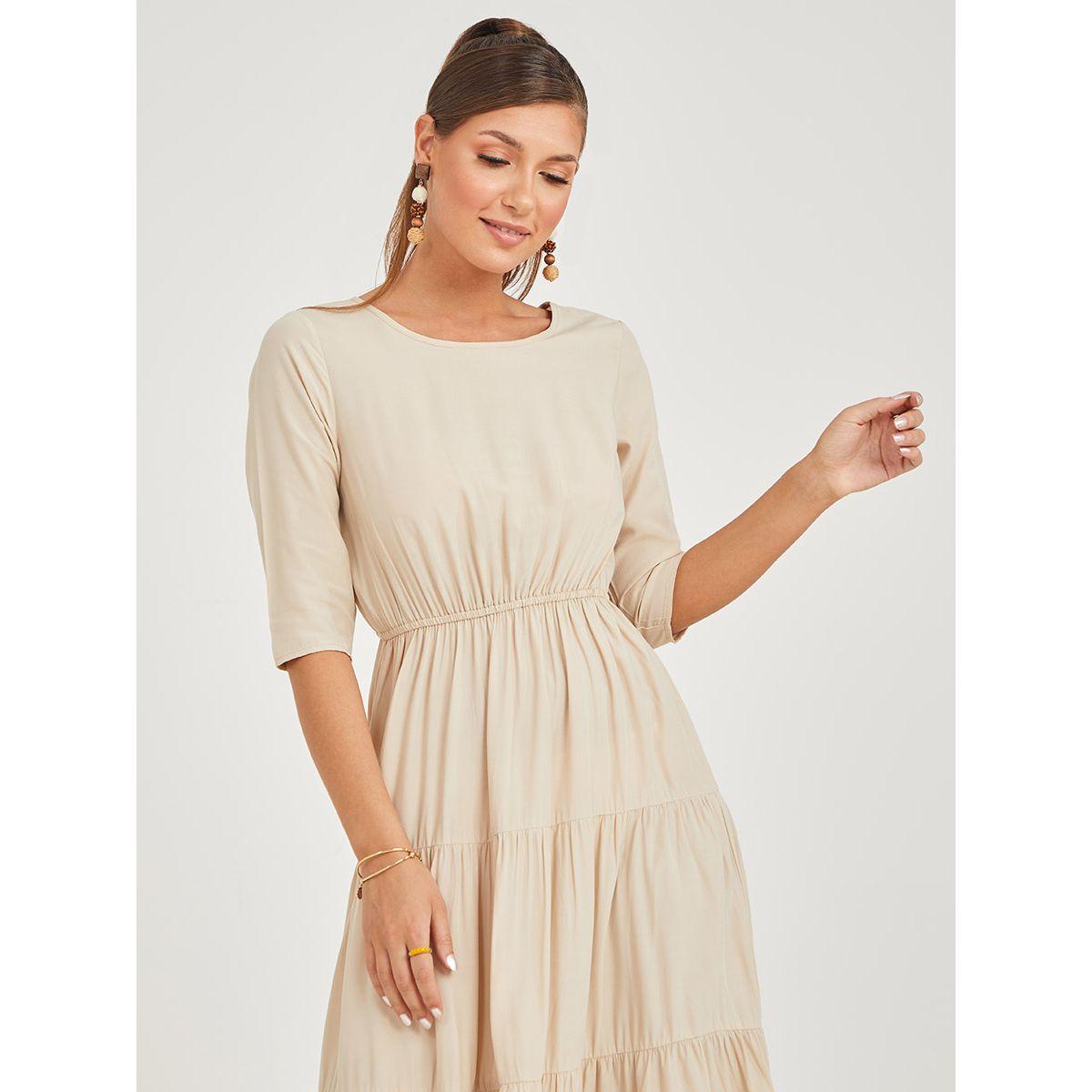 Styli 3/4 Sleeves Solid Knit Tiered Maxi Dress-women-clothing-dresses-image-2