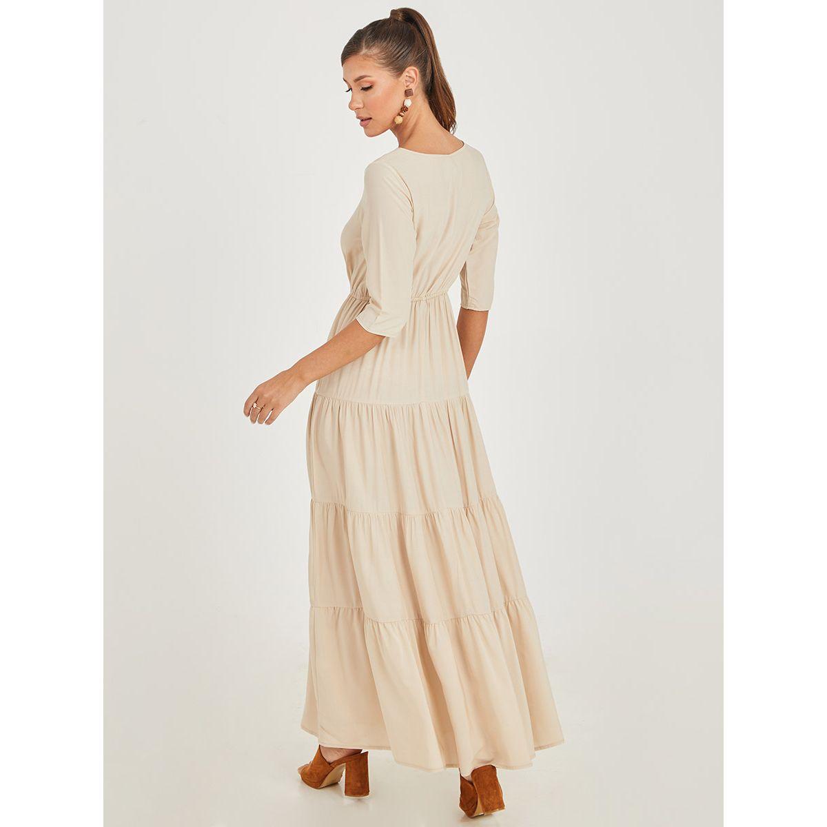 Styli 3/4 Sleeves Solid Knit Tiered Maxi Dress-women-clothing-dresses-image-5