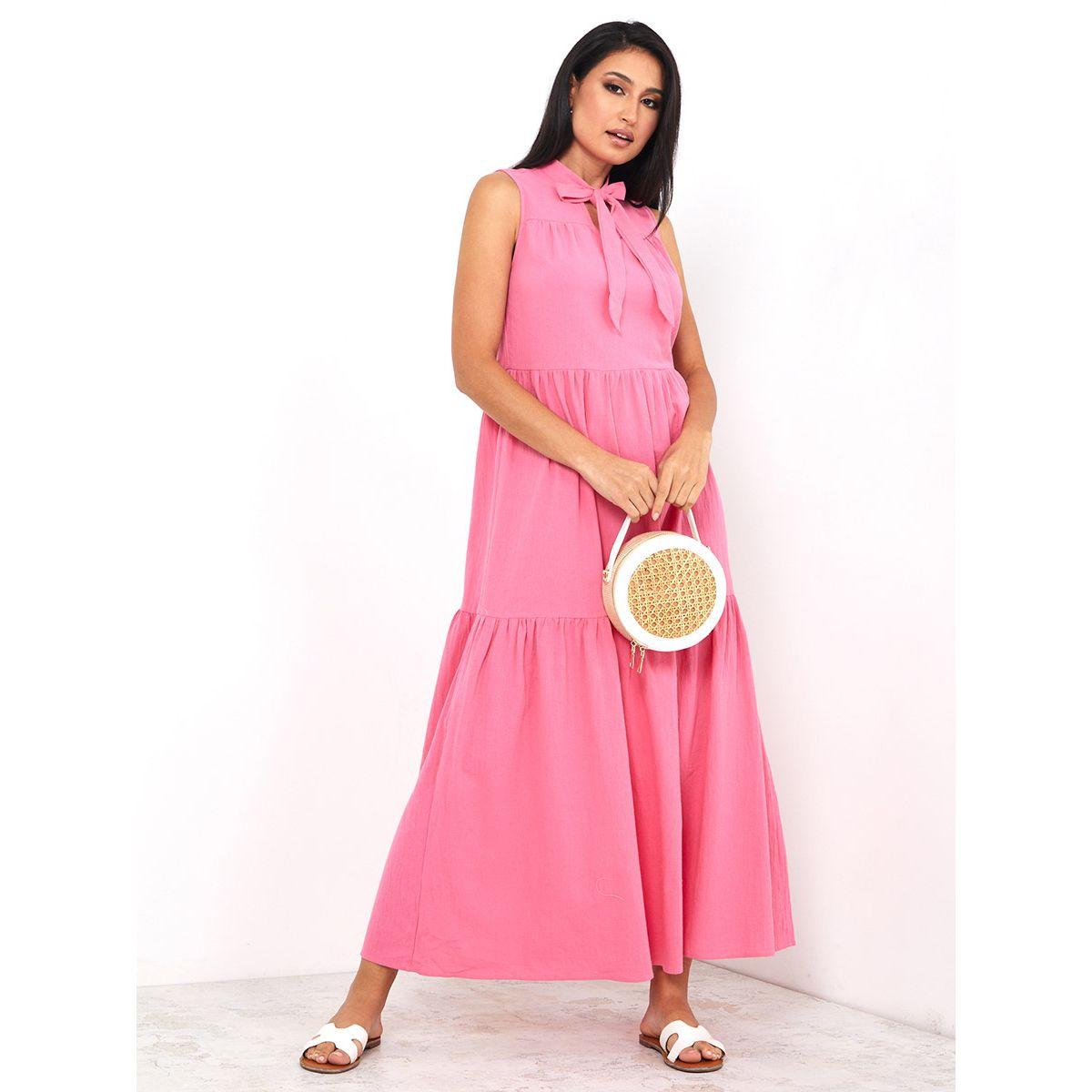 Styli Sleeveless Tie-Up Neck Tiered Maxi Dress-women-clothing-dresses-image-1